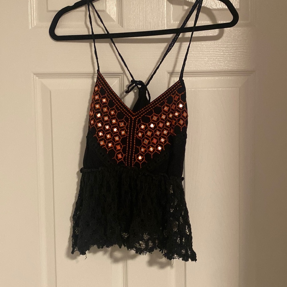 Crochet black free people top with silver details XS